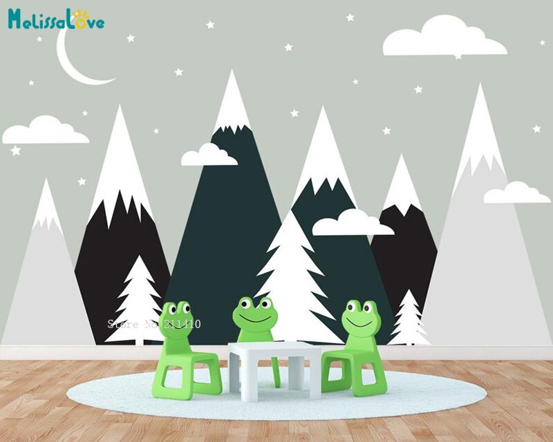 Vinyl Mountain Wall Decals With Pine Trees Mountains Kids Room Decor Nursery Boy and Girl Moon Clouds and Stars Stickers YT5289: Color 1 / L 223x112cm
