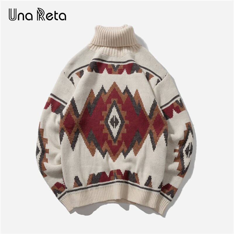 Una reta turtleneck herre sweater efterår print argyle strikkede trøjer afslappet løs vintage pullover mænd: Beige / M