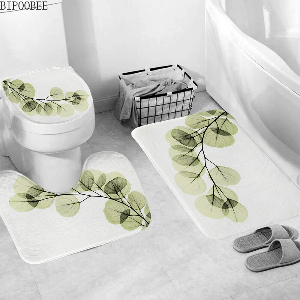Groene Bladeren Afdrukken Douchegordijn Tropische Planten Natuurlijke Badkamer Gordijnen Anti-Slip Badmat Set Wc Tapijten Tapijt: B 3PCS