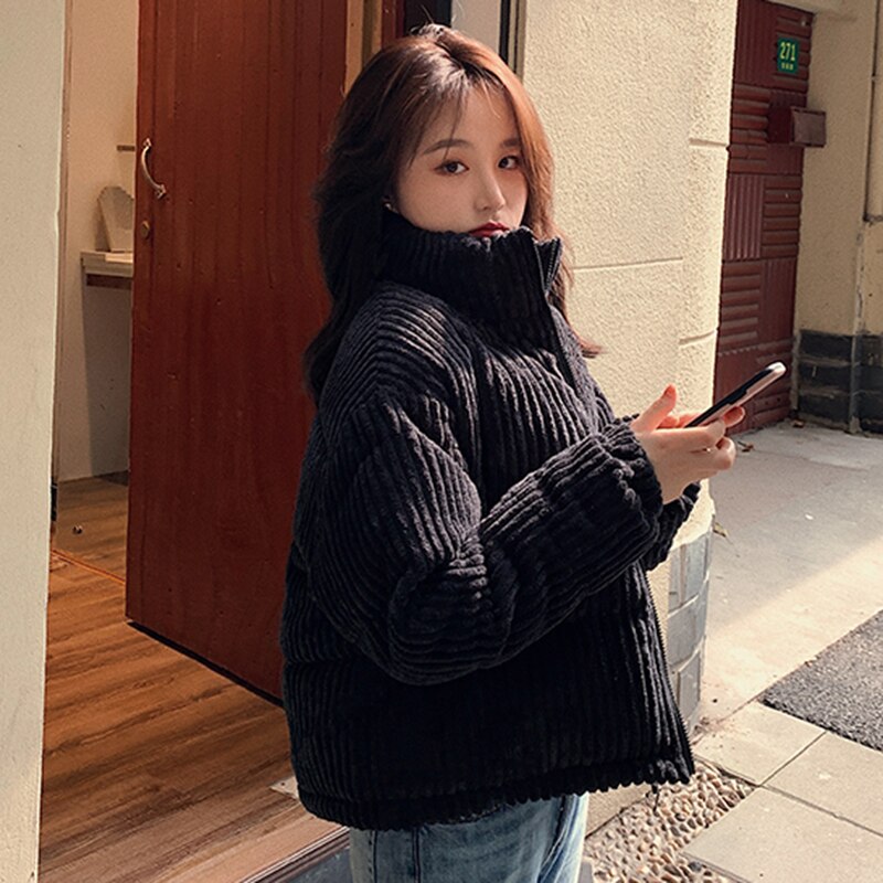 Lucyever-Chaqueta lisa de estilo coreano para mujer, Parkas de cuello alto en blanco y negro, abrigos cortos acolchados de algodón cálido para invierno,