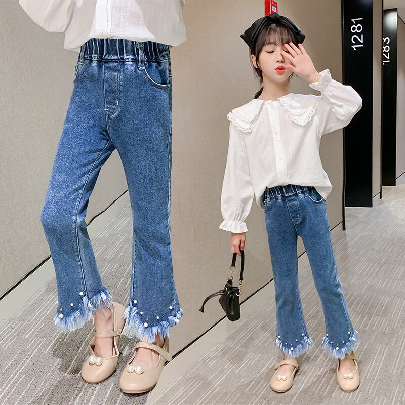 Trend Kids 3 4 6 8 10 11 12 Years Girls Jeans Pearl Beaded Tassel Denim Pants Wild Slim formal trousers Boot cut Jeans pantalone