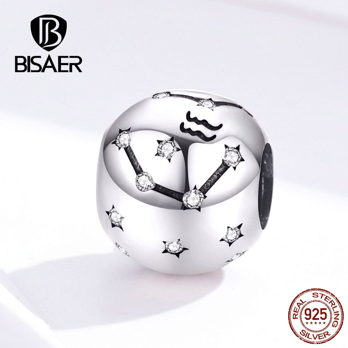 BISAER Vendita Calda 925 Sterling Silver Dodici Costellazioni star Segno Dello Zodiaco Fascino Dei Branelli Misura Il Pendenti e Ciondoli Bracciali Gioielli FAI DA TE