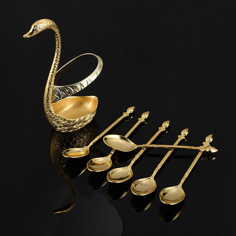 7 Pcs Swan Base Holder Dinnerware Set Stainless Steel Gold Spoon Fork Cutlery Coffee Cake Fruit Salad Dessert Flatware Teaspoon: Swan and 6pcs spoons