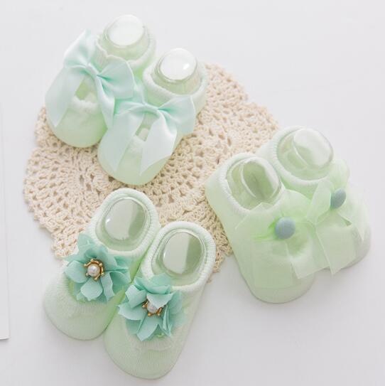Kid 'S Sokken 3 Paar Kant Boog Poreuze Sokken Koreaanse Stijl Dunne Holle Baby No-Show Sokken katoenen Sokken: Green 3pair / 1 to 3year