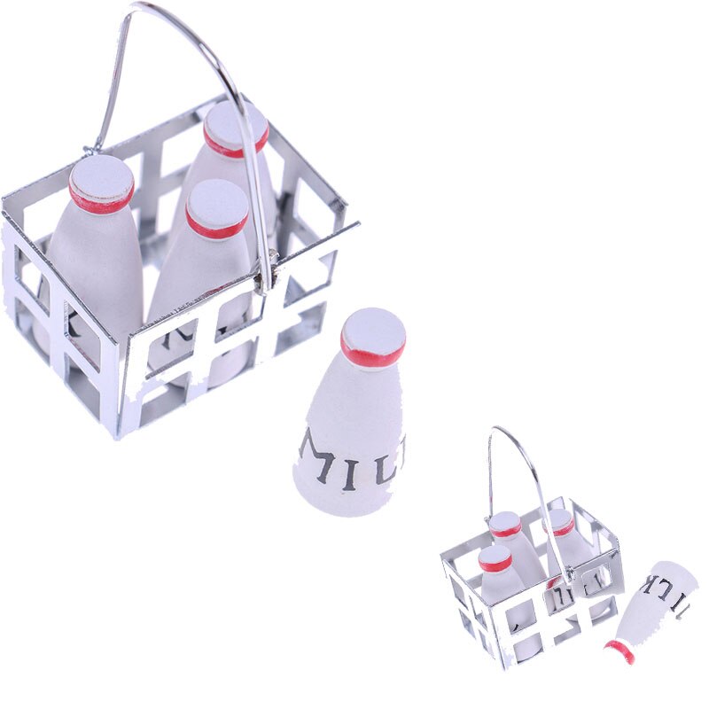 5 Stks/set 1/12 Poppenhuis Meubels Miniatuur Melk Mand Met 4 Pcs Flessen Set Poppen Huis Keuken Veranda Toebehoren Decor