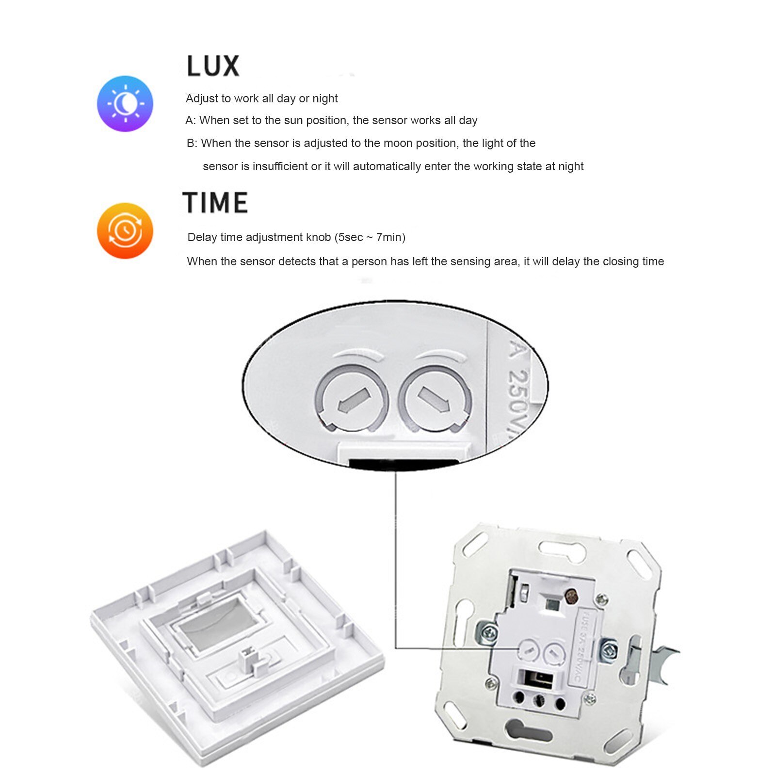 40# Human Body Induction Light Control Adjustable Photosensitive Delay Switch Panel Smart Controller Motion Sensor Switc