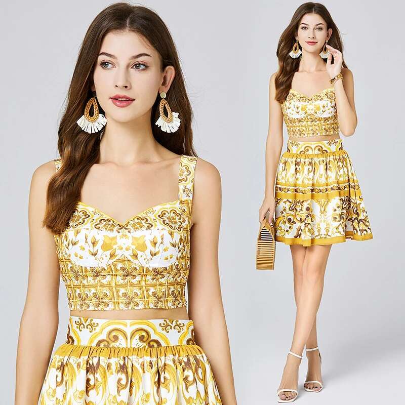 Runway Summer Golden Yellow Floral Two Piece Women Skirts Sets Sexy Crop Tops Corset Mini Short Skirts Suits: S