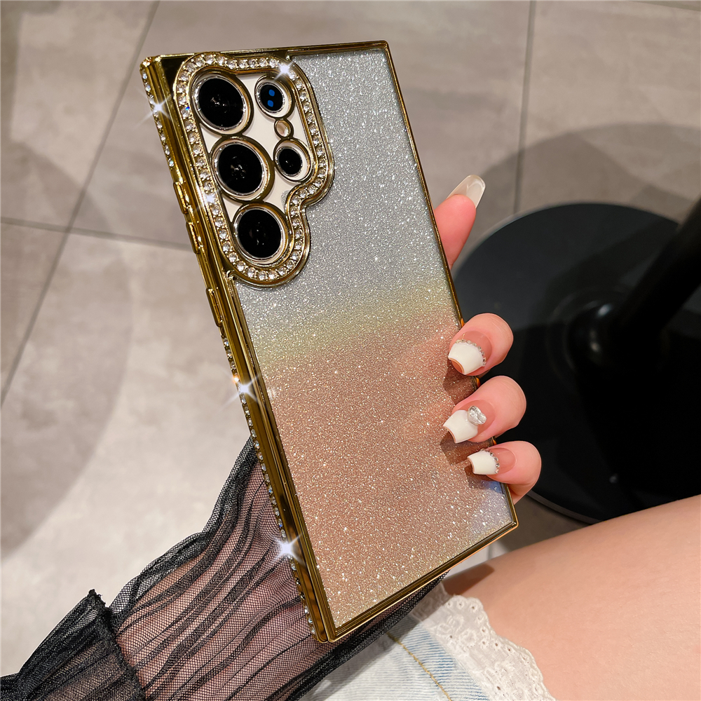 Custodia per telefono trasparente con diamanti con strass glitterati placcati di lusso per Samsung S23 ultra S22 più coperchio morbida e trasparente a colori sfumati