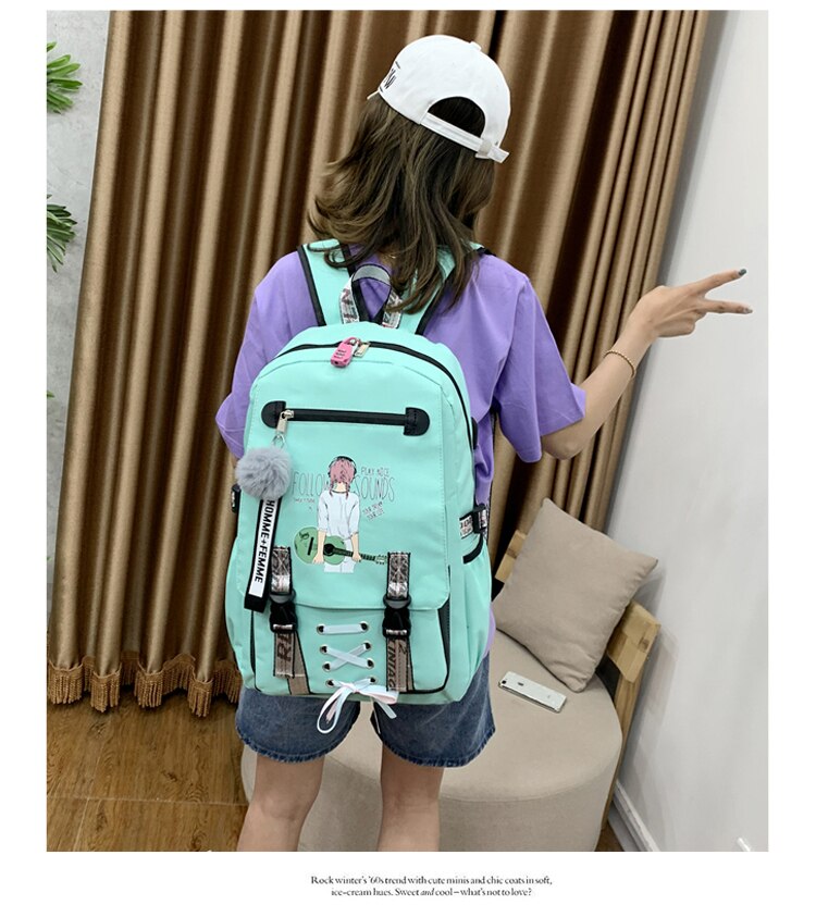 Estudante universitário mochila, náilon guitarra menina escola sacos para adolescente, usb grande capacidade médio high college adolescente schoolba: light green