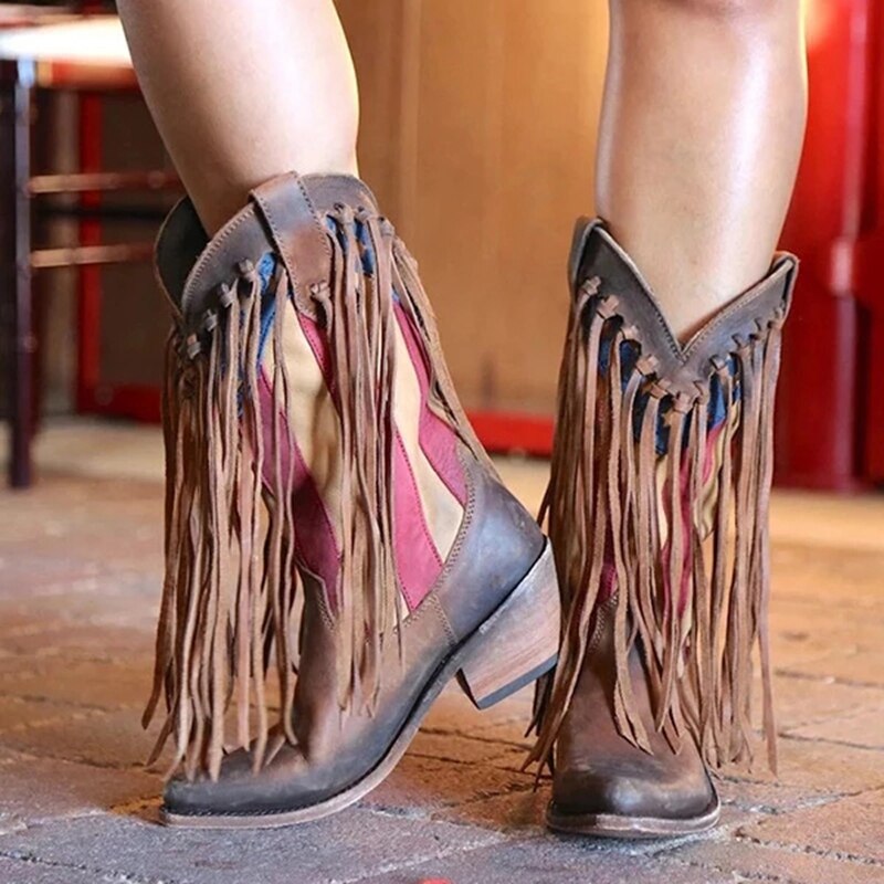 JODIMITTY Fransen Stiefel retro Frauen Quaste Randbereich Faux Wildleder Leder Cowboy Stiefel Niedrigen Ferse Damen Schuhe Bohemien Boho Ferse Stiefel
