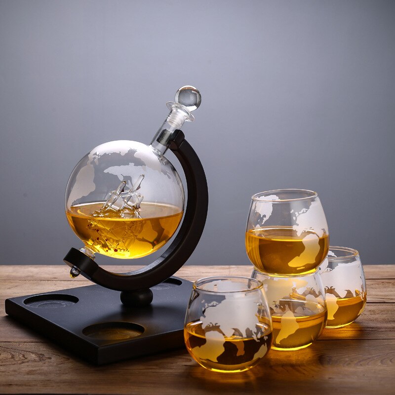 Whiskey Decanter Set Vodka Globe Decanter with 4 Glasses Liquor Dispenser with Wood Stand Wine Bureau