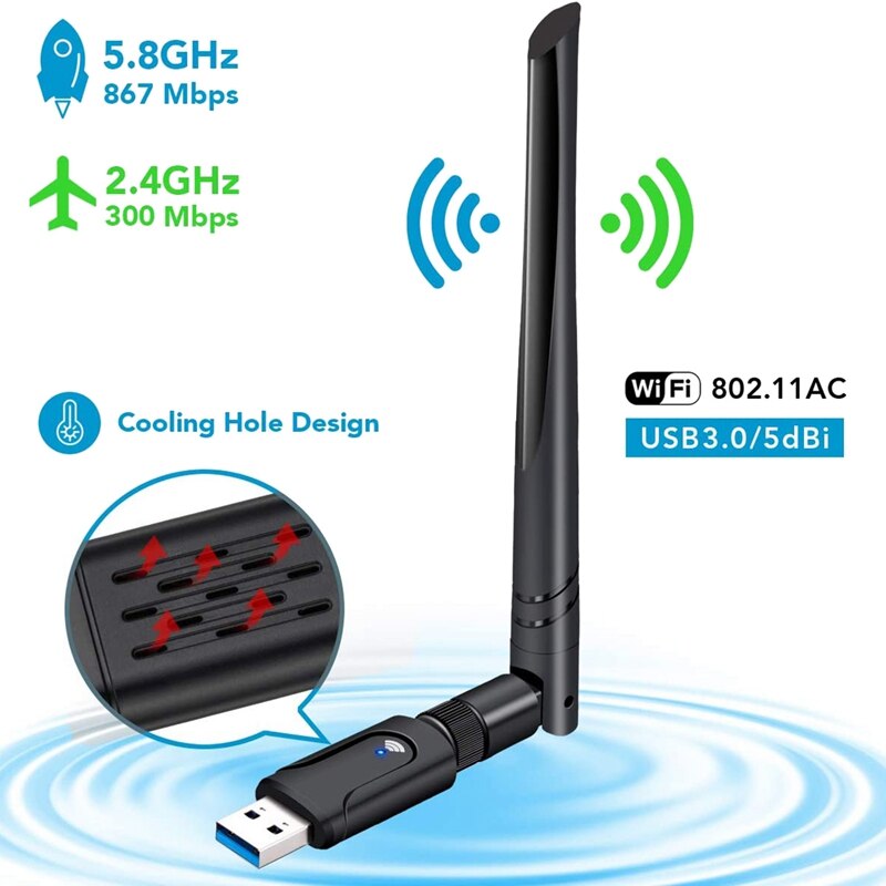 Usb 3.0 wifi adapter wifi dongle 1200 mbps 802.11 ac trådløs netværksadapter med dual band 2.42 ghz /5.8 ghz 5 dbi antenne