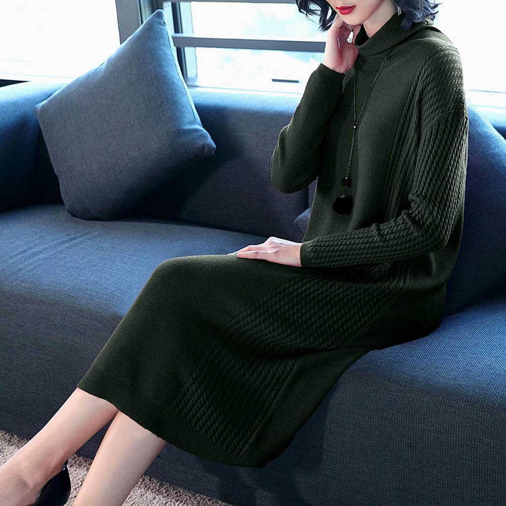 Nice-forever Classic Solid color Long Sleeve Straight Knit vestidos Office Women Winter Sweater Dress TM029