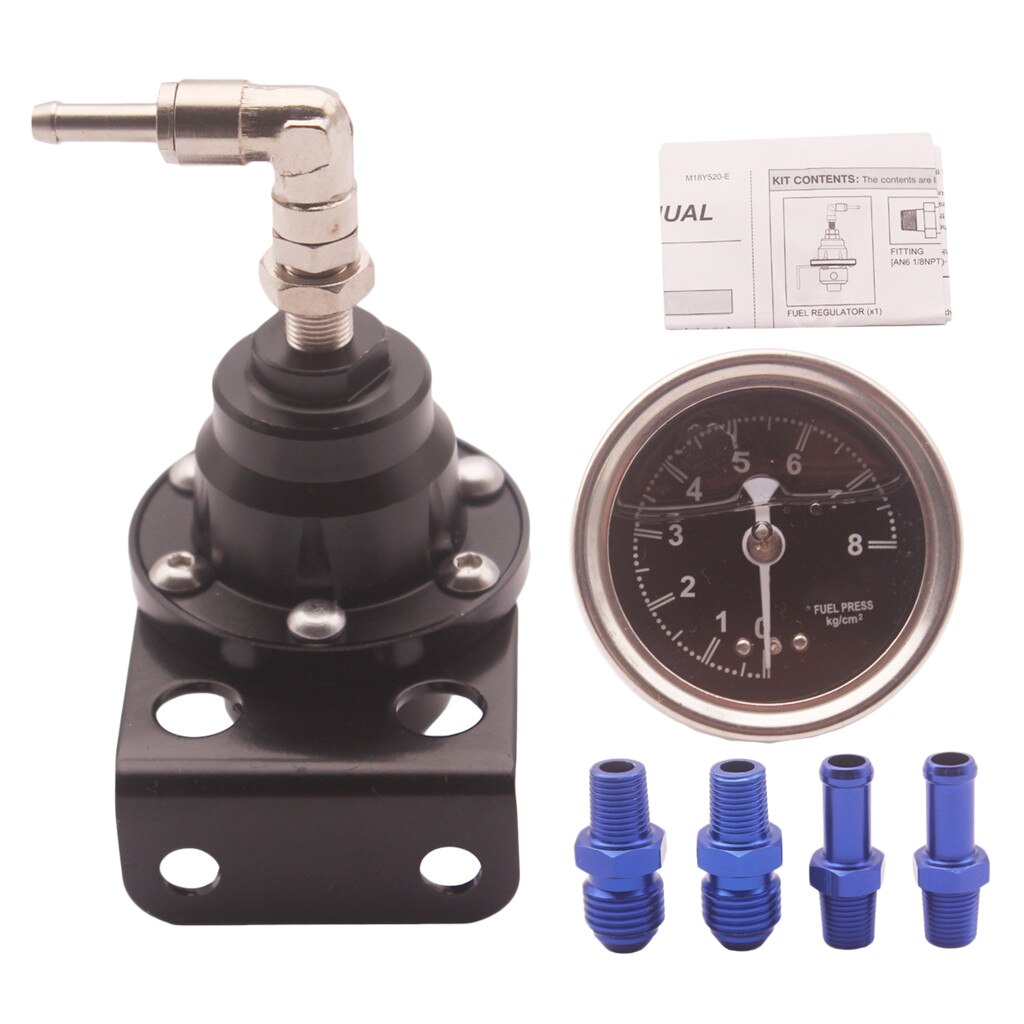 Universal Adjustable Aluminum Fuel Pressure Regulator Valve Kit and 160 Psi Pressure Gage with AN6 +AN8 Fitting Connectors Kit