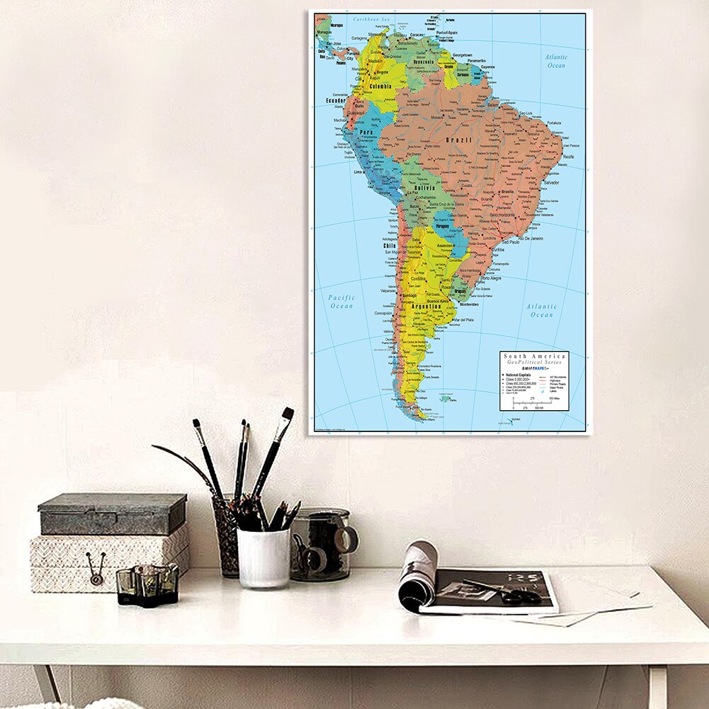 100*150cm de la América del Sur mapa político lienzo pintado con Spray pared arte cartel sala de Decoración de casa de los niños de la escuela suministros