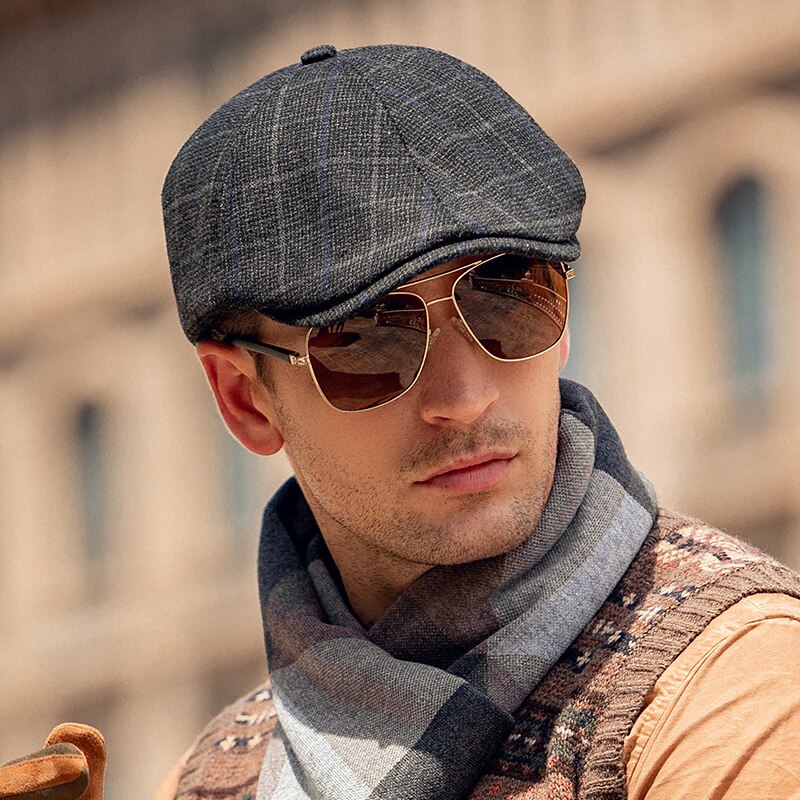 Mens Newsboy Cap Warm Autumn Winter Hats For Men Retro Grid Black Brown Berets Octagonal Hat Dad Hats Painter Hat NZ181: black