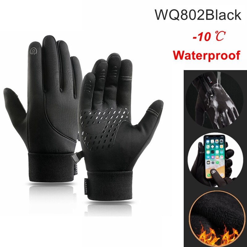 Guantes de ciclismo impermeables para exteriores, manoplas de invierno para pantalla táctil, a prueba de viento, para motocicleta, esquí y bicicleta: WQ802 Black / XL