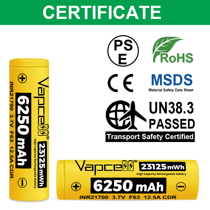 Highest capacity Vapcell 21700 F63 6250MAH 12.5A lithium battery for flashlights and toy cars