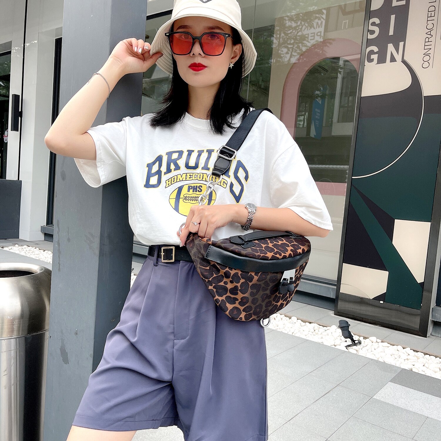 Minicabezal pequeño de para mujer, bolso cruzado con cinturón, a la , de leopardo, para el pecho: Default Title