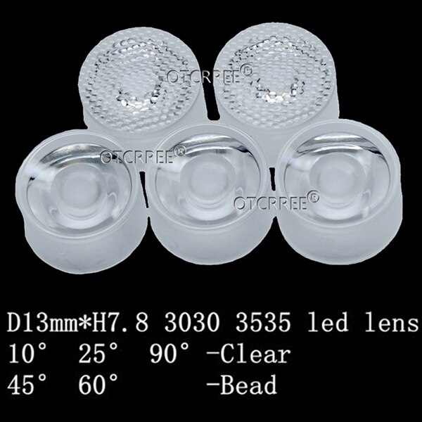 10 pièces 13mm lentilles led cree 10 30 45 60 90 degrés xpe 2 xpg 2 xte épiled/semiled 3535 3030 émetteur plano réflecteur collimateur: 25 degrés / Cristal imperméable
