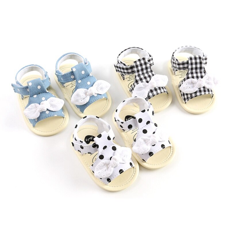 Sommar baby barn flickor rosett pläd andas halkskydd skor sandaler småbarn mjuksulor strandskor 0-18m