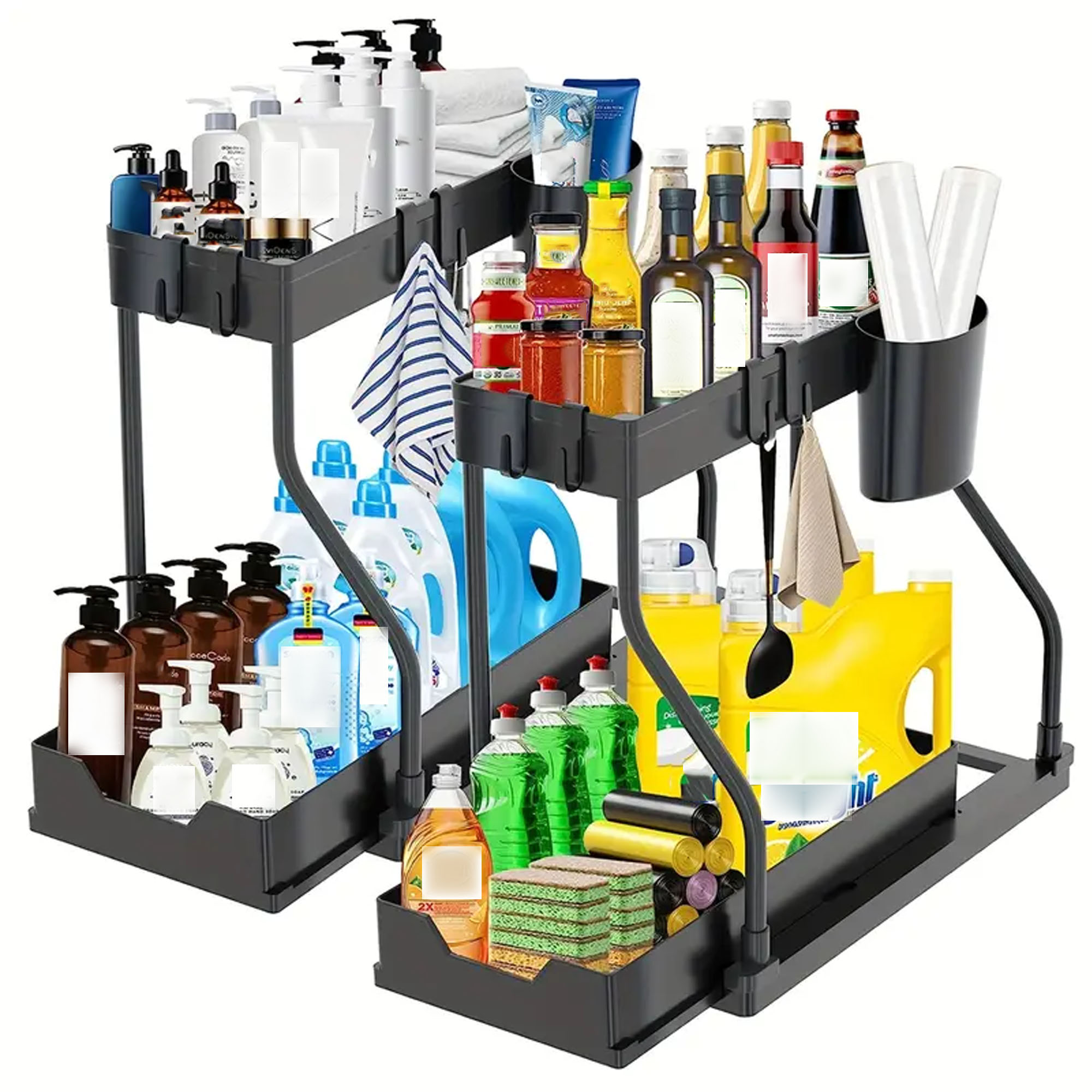 1-delig dubbellaags uittrekbaar opbergrek voor keuken, bureau en badkamer onder gootsteen, multifunctioneel R-vormig push-pull kastopbergrek, multifunctioneel desktop badkameropbergrek, lade-organisatie en opbergrek