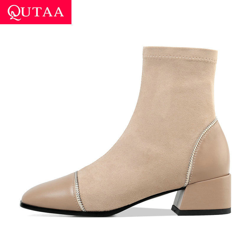 QUTAA Patchwork PU Leather Scrub Slip on Women Shoes Square Heel Ankle Boots Round Toe Autumn Winter Ladies Pumps Size34-43