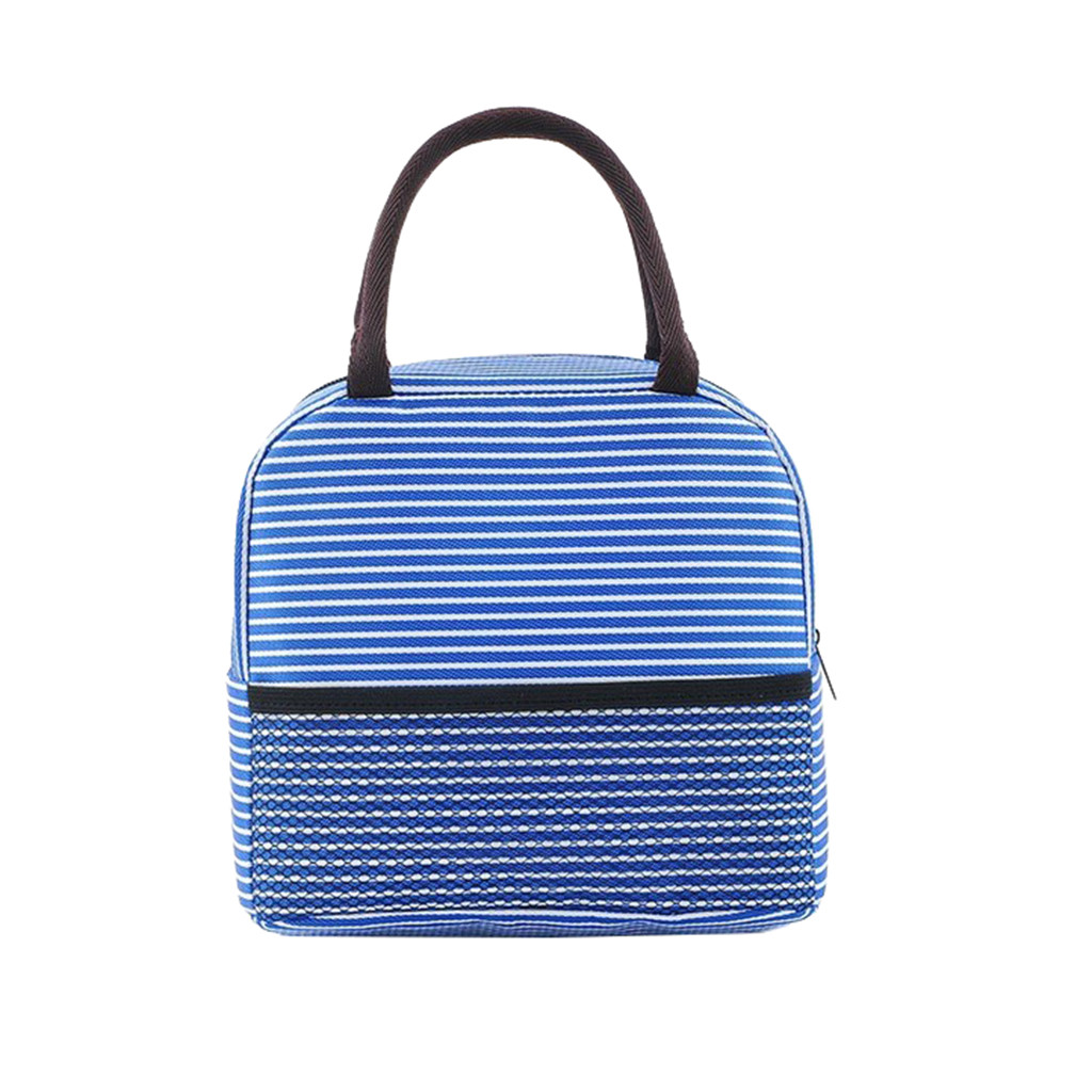 Portable Stripe Lunch Bag Thermal Canvas Food Container Tote Handbag Lunch Bags termica lunch bag food bag for women men kid: Blue