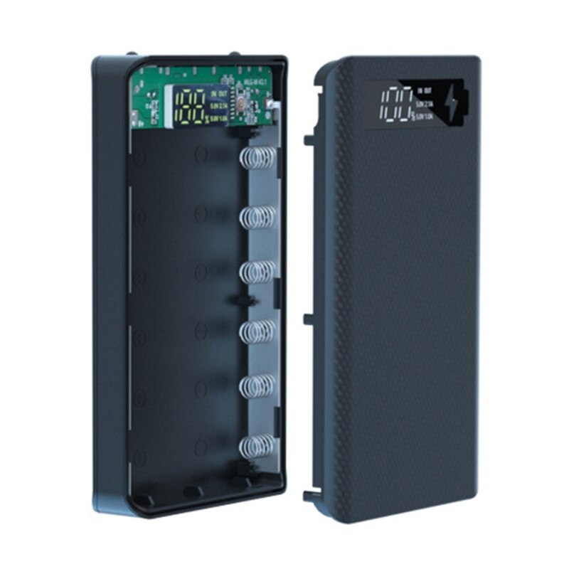 Multifunctional Power Bank Shell Charger Box with 2 USB Output Ports 6 Slot Batteries Container DIY Case
