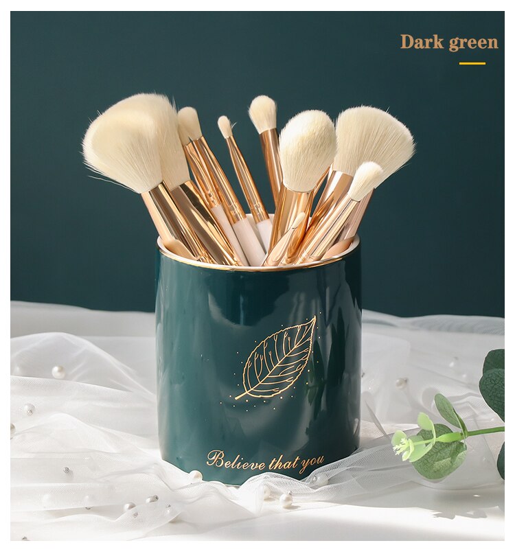 Keramische Marmer Patroon Make Up Borstel Organizer Cosmetische Wenkbrauwpotlood Lipstick Opslag Buis Pen Houder Sieraden Opbergdoos: Green leaves