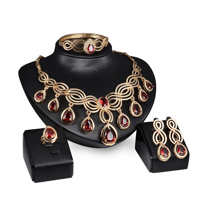 Austria Crystal Water Red Black Green Zircon necklace jewelry sets Classic Gold color women Party: red