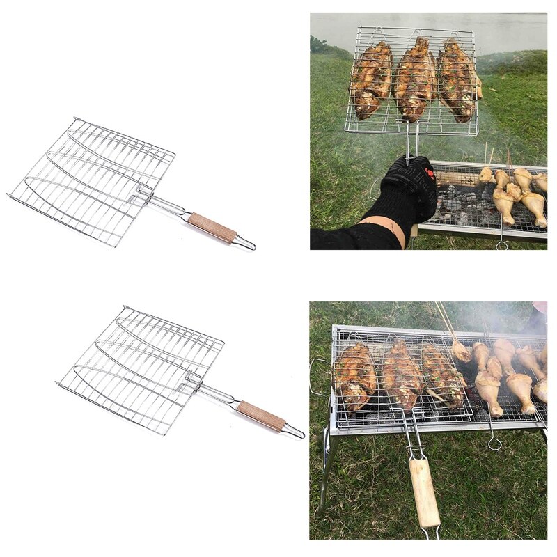 BBQ Fish Grill Net Barbecue Grilling Fish Rack Non-Stick Triple Fish Grilling Basket Wood Handle Barbecue Tool