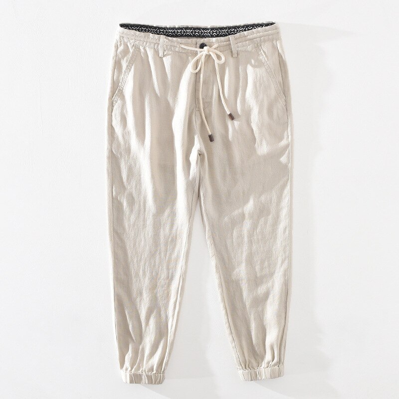 Män & #39 ;s sommar casual ankellånga byxor naturligt rent linne byxor solid vit elastisk midja dragsko man haremsbyxor  y2505