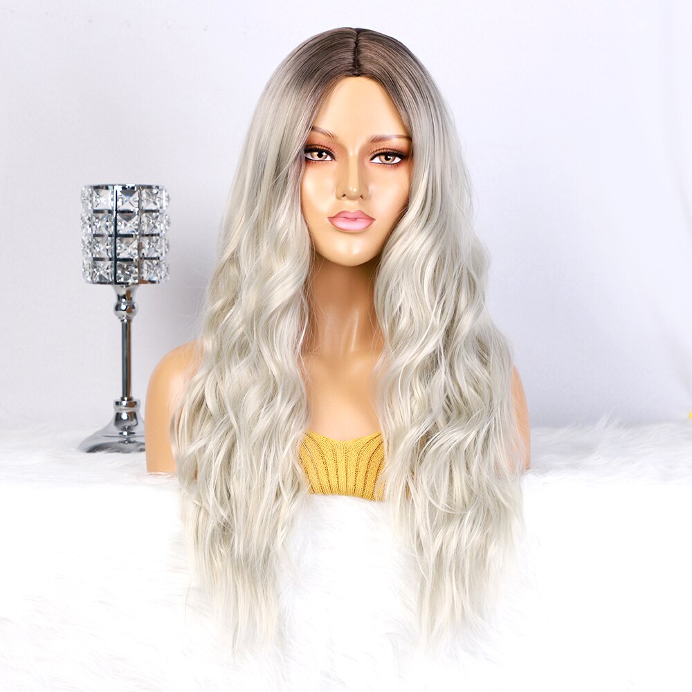 Krachtige Lange Golvende Pruiken Ombre Platina Blon Natuurlijke Haar Deel Synthetische Pruiken Voor Vrouwen Lijmloze Cosplay Hittebestendige Party Pruik: Platinum