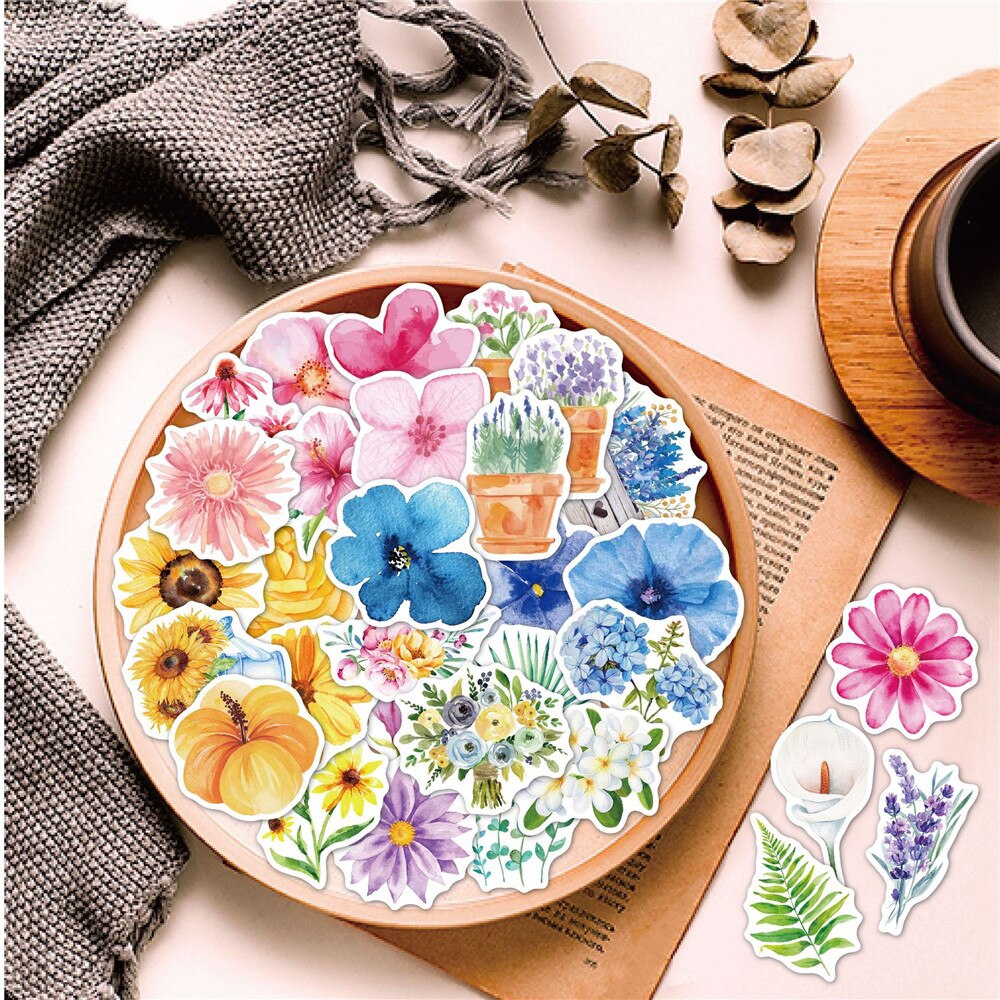 60pcs Flower Stickers For Notebooks Stationery Laptop Scrapbooking Material Botany Plant Sticker Aesthetic Craft Supplies
