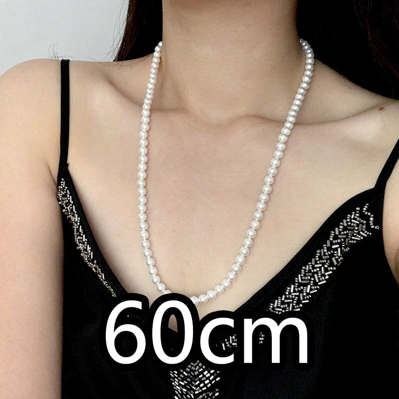 Joias clássicas elegantes, 40-60cm, luz brilhante, 6mm, concha, colar de pérola, prata esterlina 925, corrente de cauda para mulheres: 60cm