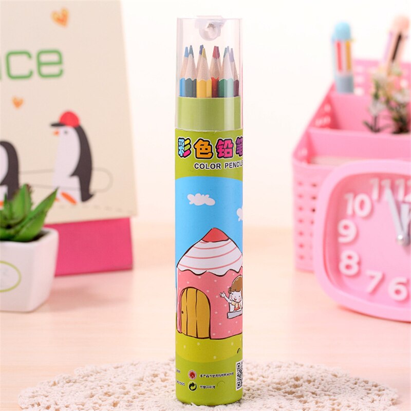 Dl koreaanse versie van mooie kleurpotloodtube studenten cartoon schilderen hout kleur lood lang 12 leerstationery