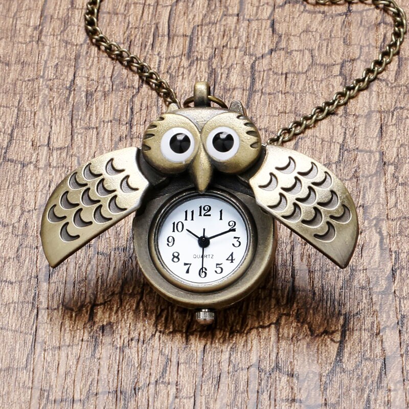 Antieke steampunk open vleugels fob bronzen nacht quartz zakhorloge ketting uil hanger mannen vrouwen  p27