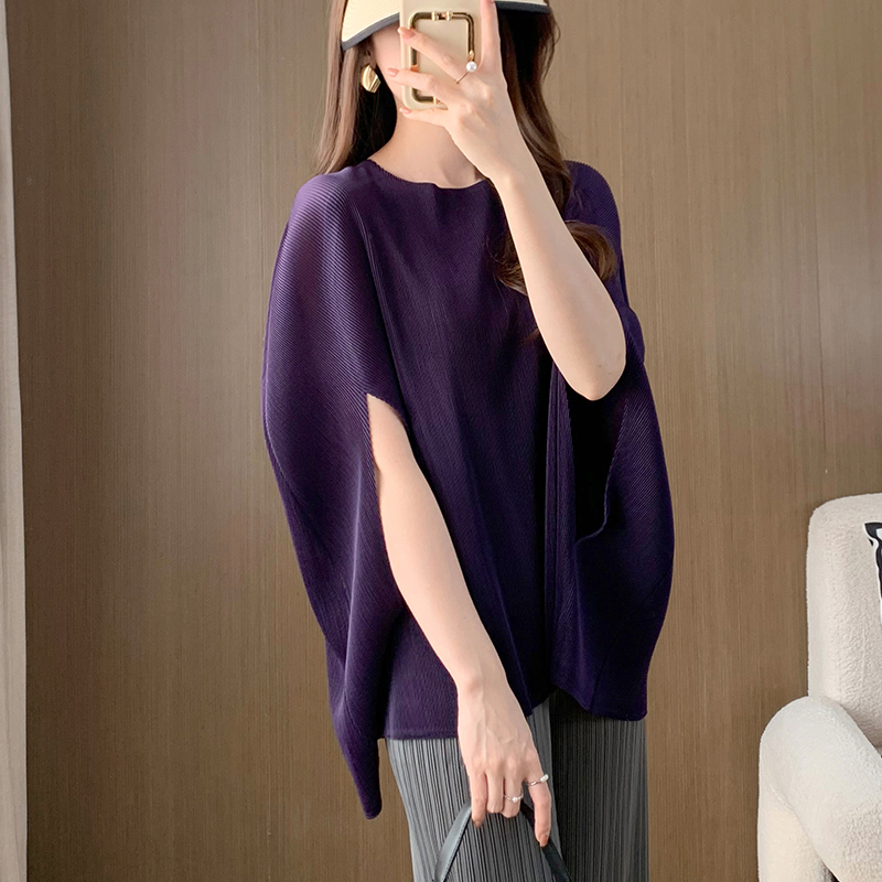 Miyake-Top plisado holgado con manga de murciélago para mujer, Top de Color sólido, capa de , ropa informal de otoño para mujer: Morado