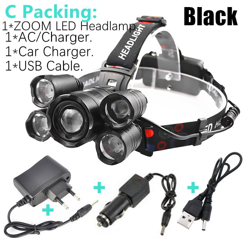 Most Powerful Induction ZOOM LED Headlight headlamp 5LED T6 Head Lamp Flashlight Torch head light Best For Camping, fishing: C Packing - Black / No Battery