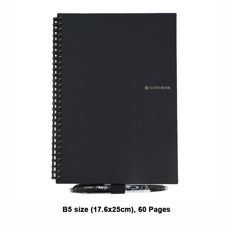 Elfin book 2 Erasable Reusable Smart Microwave Elfinbook Notebook Wave Cloud Erase Evernotes Notepad Note Pad Lined With Pen: Black B5