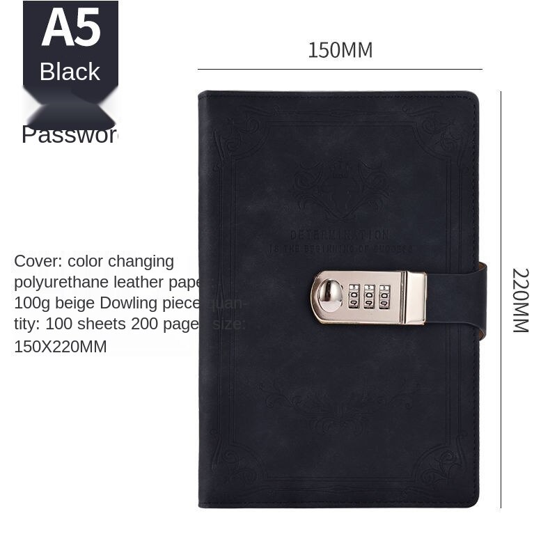 200 pages A5 retro password book with lock diary thickened hand ledger student notepad stationery notebook binder: B