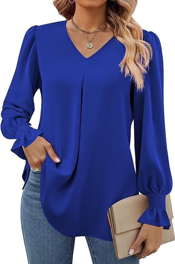 Solid Color Women's Shirt Autumn Item Solid Color Chiffon Shirt V-neck Pullover Trumpet Long Sleeved Top Blouse: XXL / Blue
