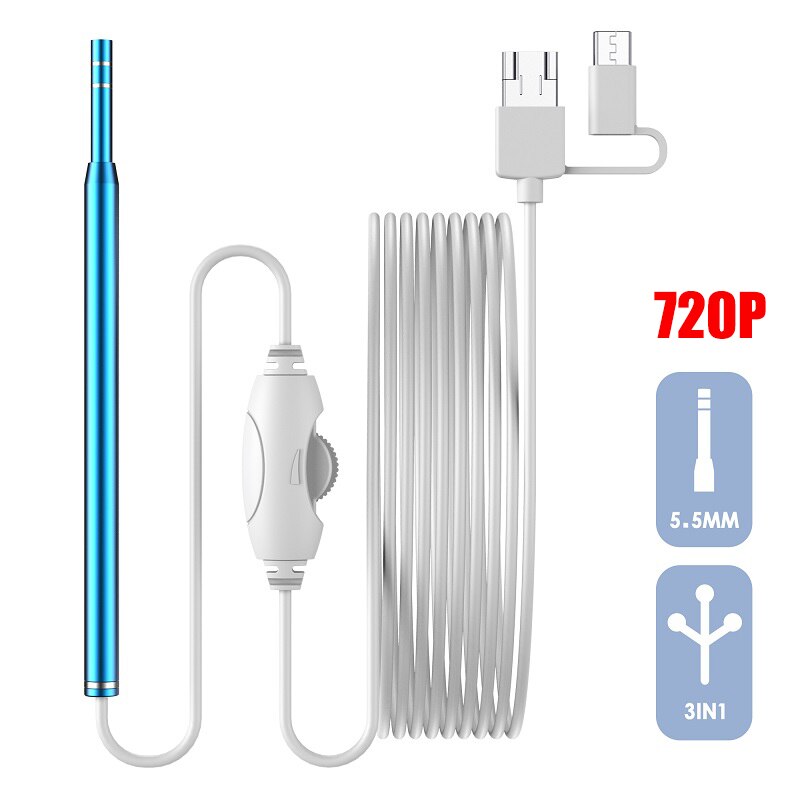 Ear Cleaning Endoscope Small 5.5mm 3 In1 Visual Ear Pick Cleaner Camera USB Ear Spoon Type C Ear Otoscope Borescope For Android: blue 720P