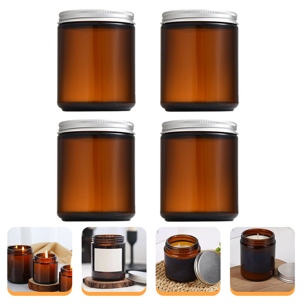 6Pcs Amber Glazen Potten Invulbare Wax Kaars Cups Lege Kandelaars Met Deksels: 9X7.3X7.3CM