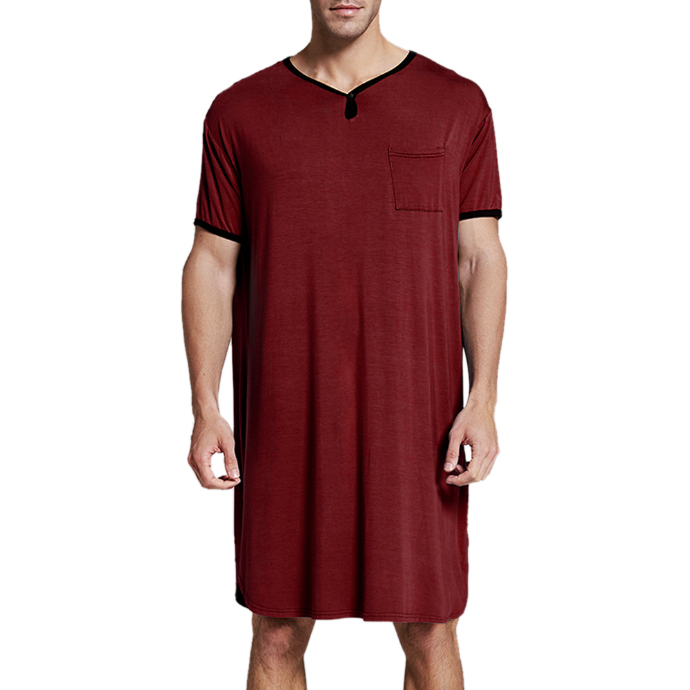 Pijamas de ocio alargados finos de manga corta para hombre, batas de algodón holgadas y amigables con la piel, albornoces para el hogar, camisón Vintage M-3XL: XXXL / Rojo