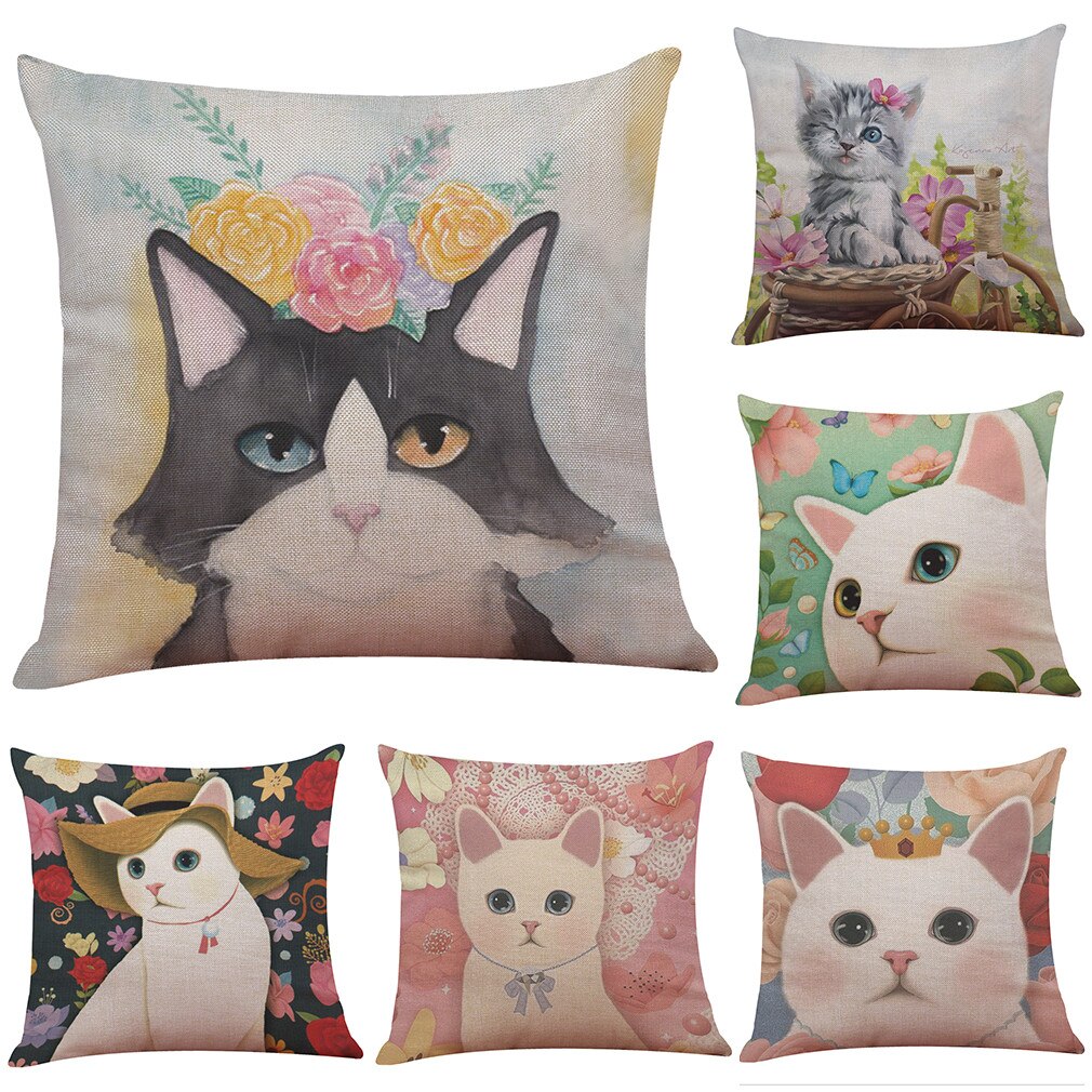 Mignon chat impression housse de coussin Kissen oreillers décoratifs pour canapé-lit maison taie d'oreiller Cojines Decorativos Para Sofá