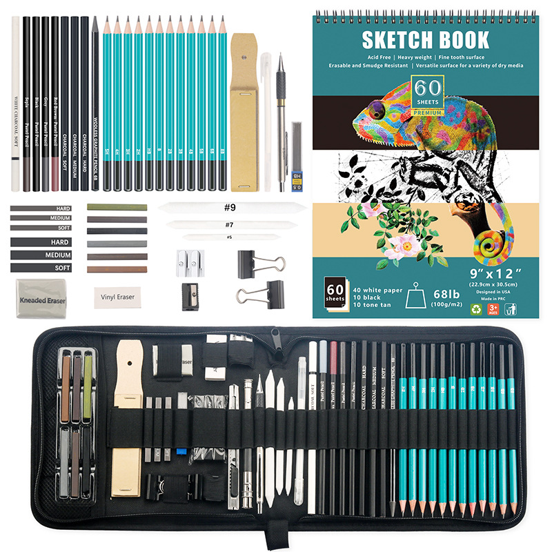 Drawing Sketching Art Set 50-Piece Ultimate Complete Artist Kit Graphite and Charcoal Pencils Sticks Pastels Erasers