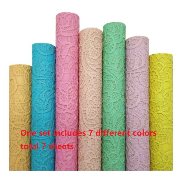 Pastel Colors Lace Embossed Synthetic Leather Vinyl Fabric Faux Leather Sheets For Bows Earrings DIY 21x29CM Q353: one set 7pcs