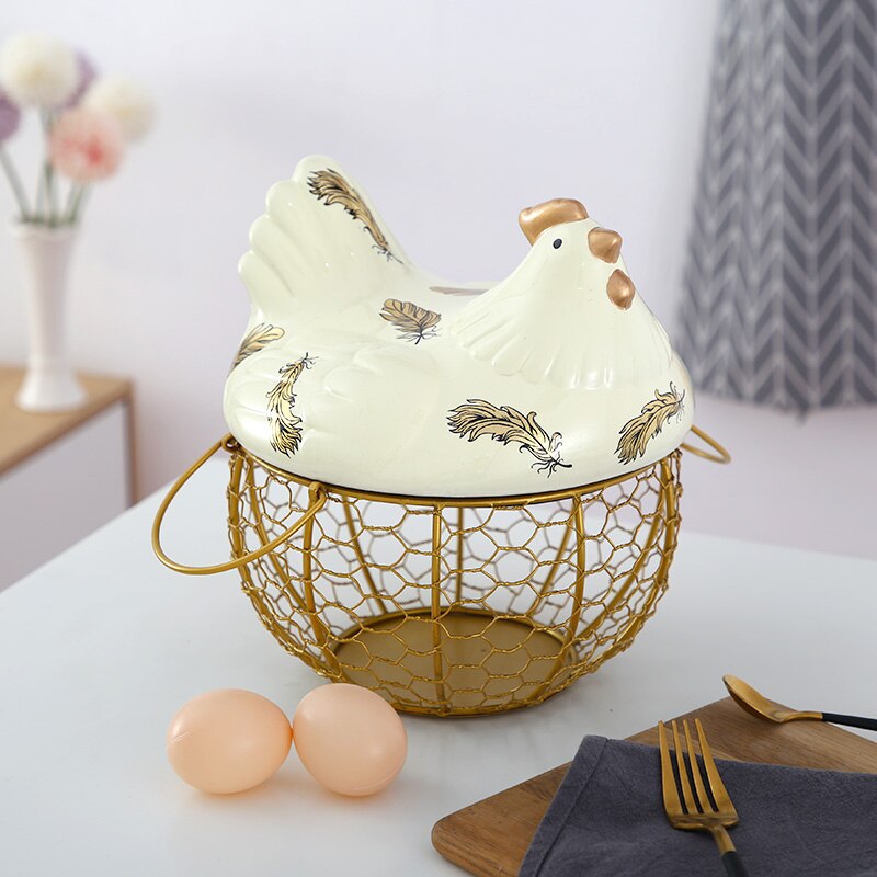 American Ceramic Egg Holder Chicken Wire Egg Basket Fruit Basket Collection Ceramic Hen Oraments Decoration Kitchen Storage: B1--Golden basket
